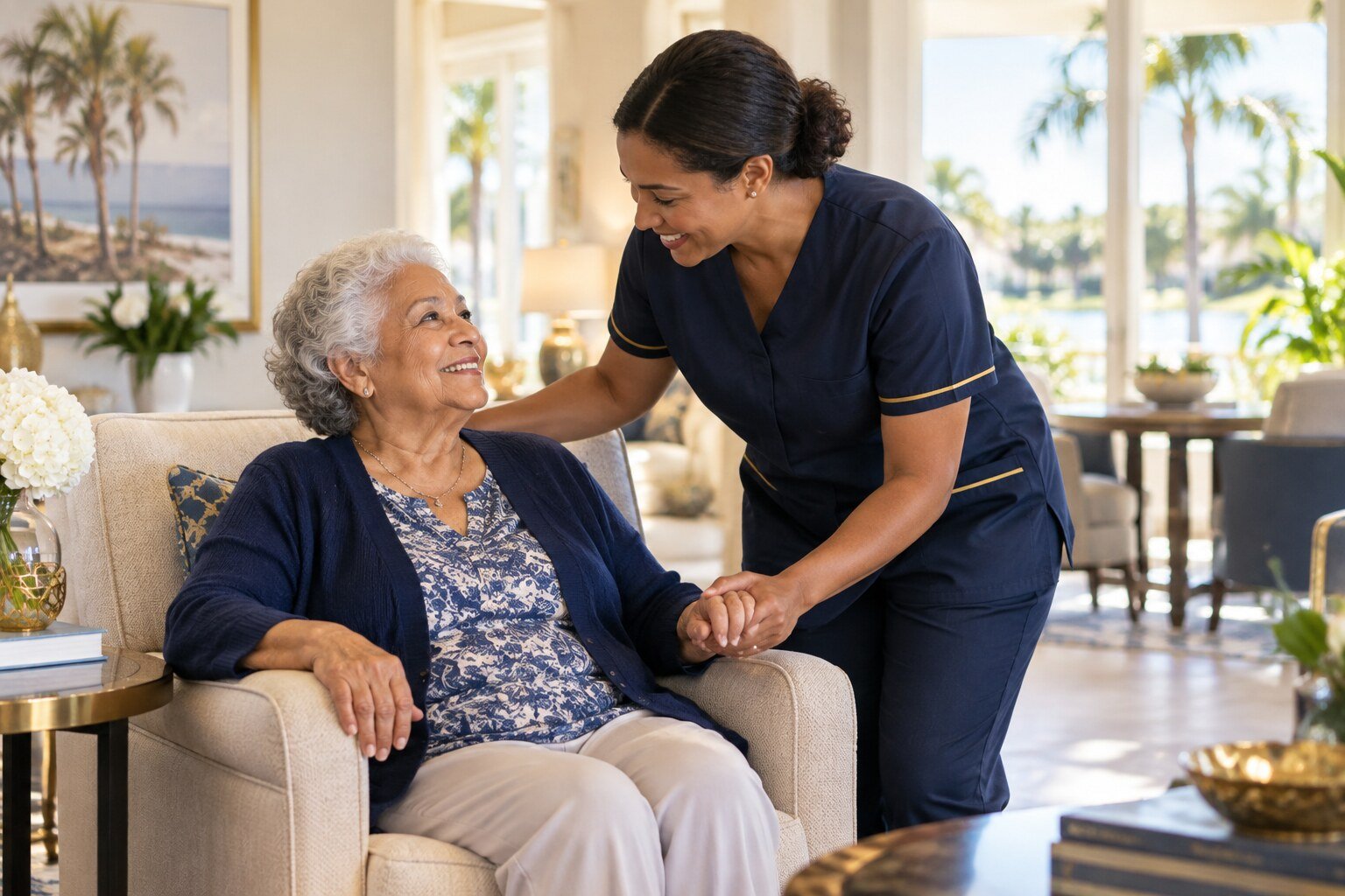 A caring professional supporting an older resident in a comfortable home
